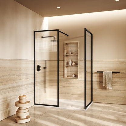 Opulence Fluted Glass Complete Walk In Shower Enclosure Matte Black - Kit B