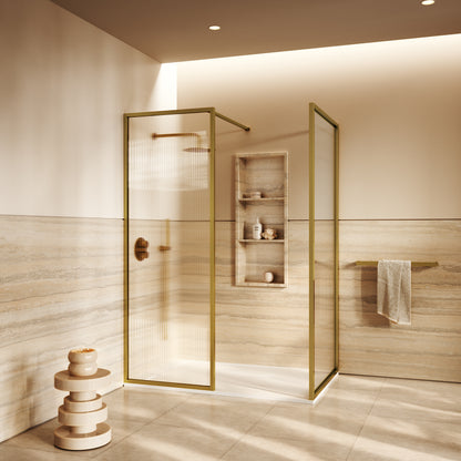 Opulence Reeded Glass Complete Walk In Shower Enclosure Brushed Gold - KIT B (ALL SIZES)