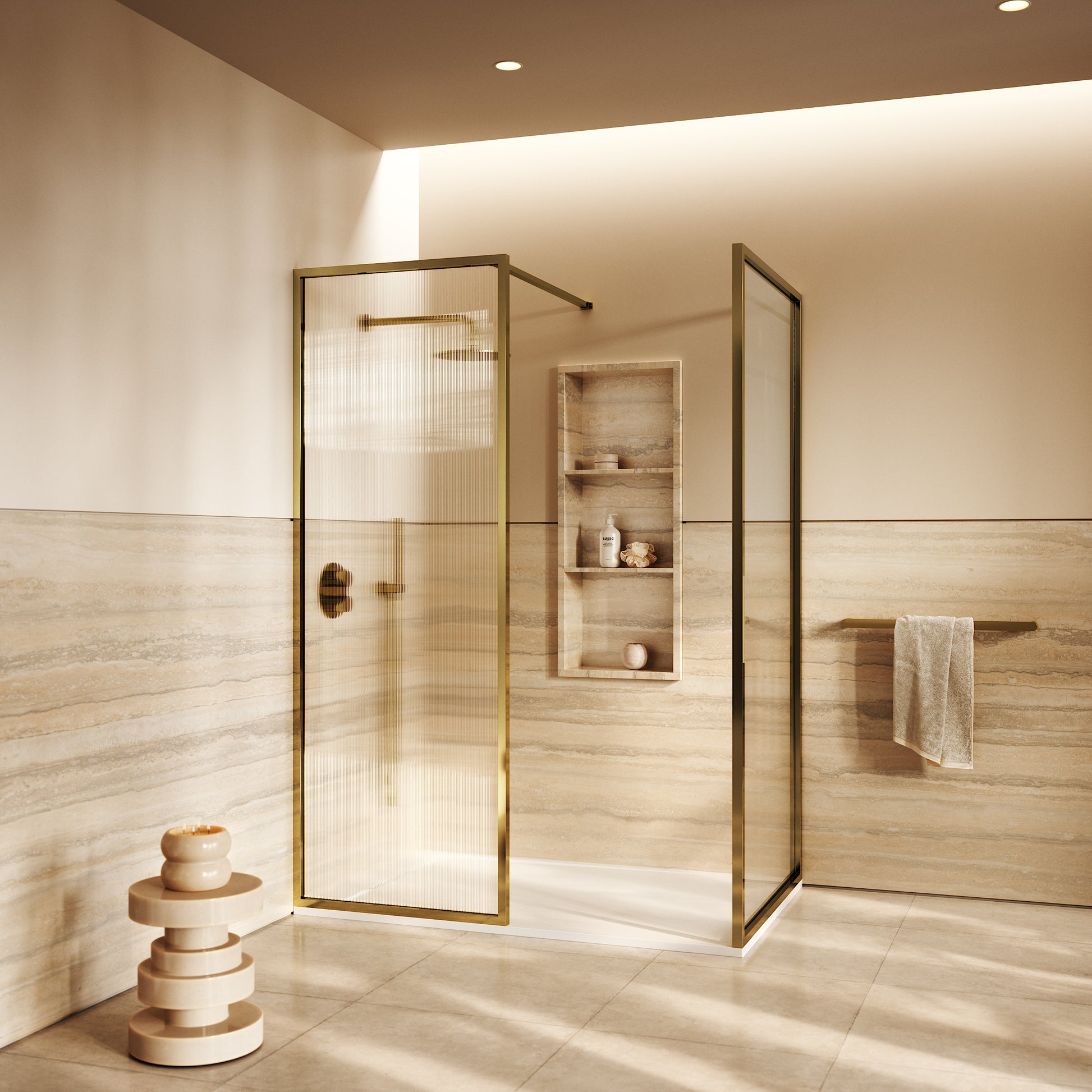 Opulence Fluted Glass Complete Walk In Shower Enclosure Polished Brass - Kit B