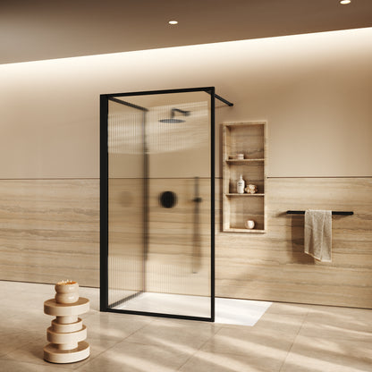Opulence Fluted Glass Complete Walk In Shower Enclosure Matte Black - Kit C
