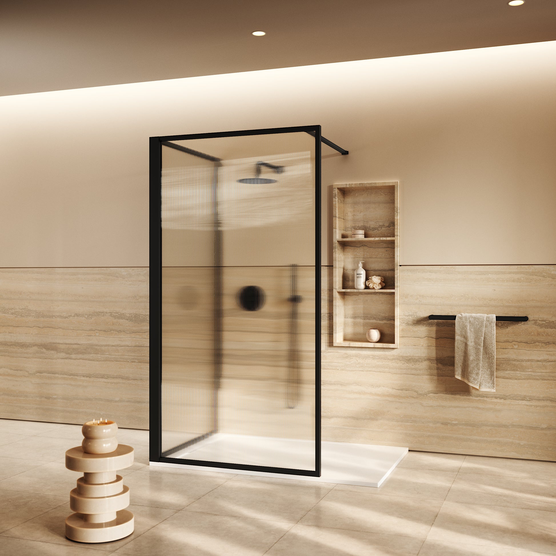 Opulence Fluted Glass Complete Walk In Shower Enclosure Matte Black - Kit C