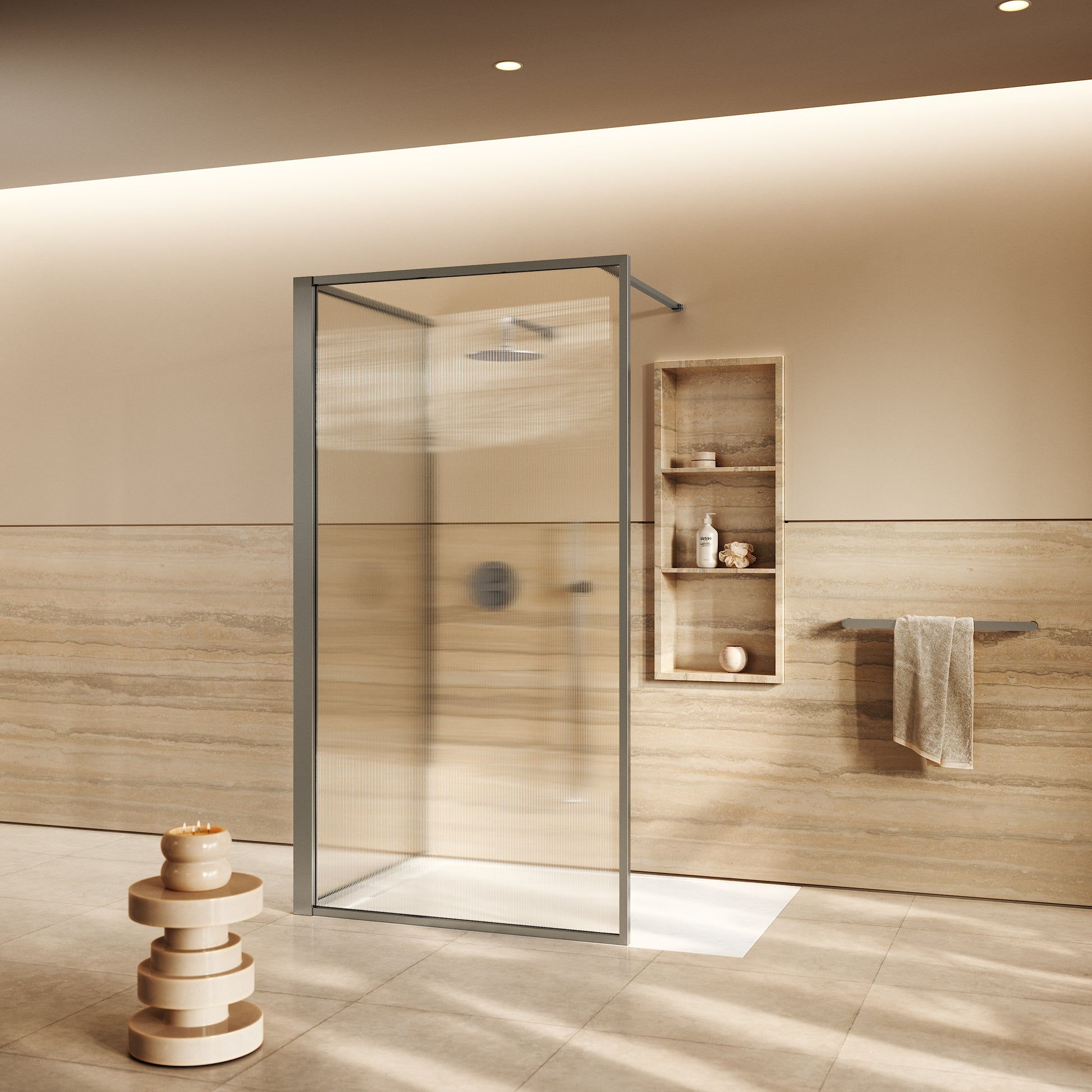 Opulence Fluted Glass Complete Walk In Shower Enclosure Brushed Stainless - Kit C