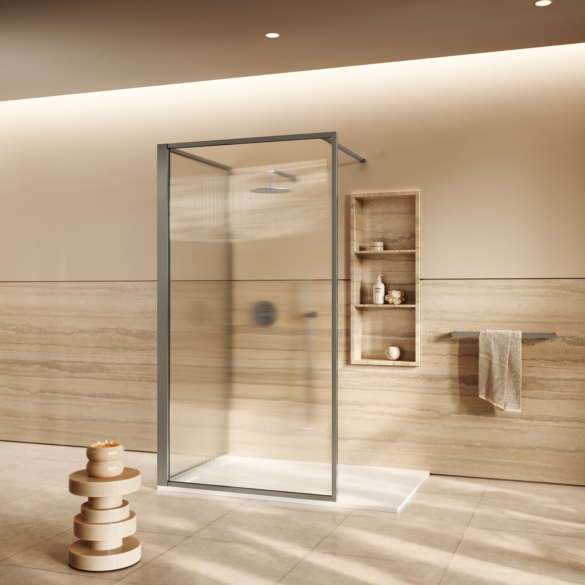 Opulence Fluted Glass Complete Walk In Shower Enclosure Brushed Stainless - Kit C