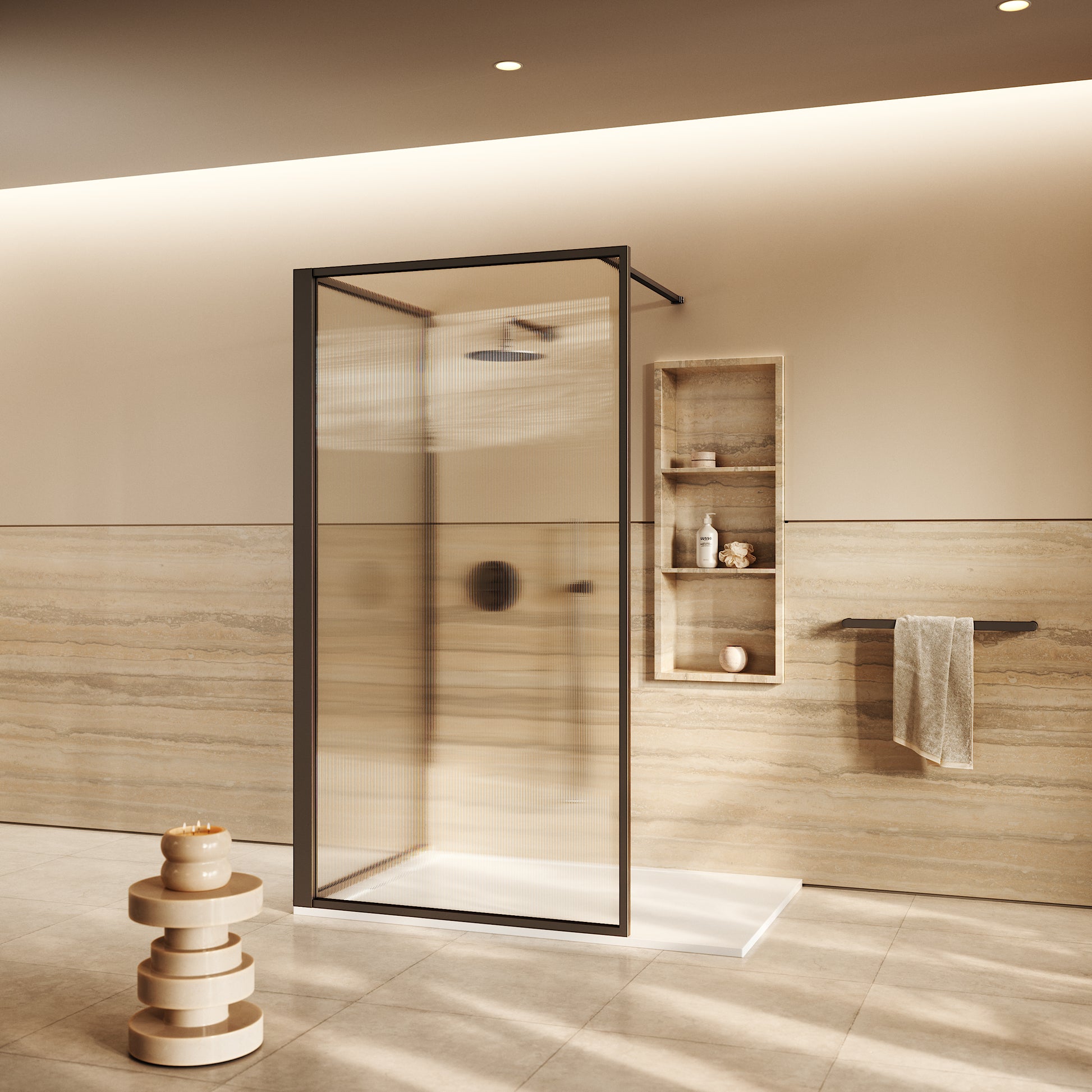 Opulence Fluted Glass Complete Walk In Shower Enclosure Deep Bronze - Kit C