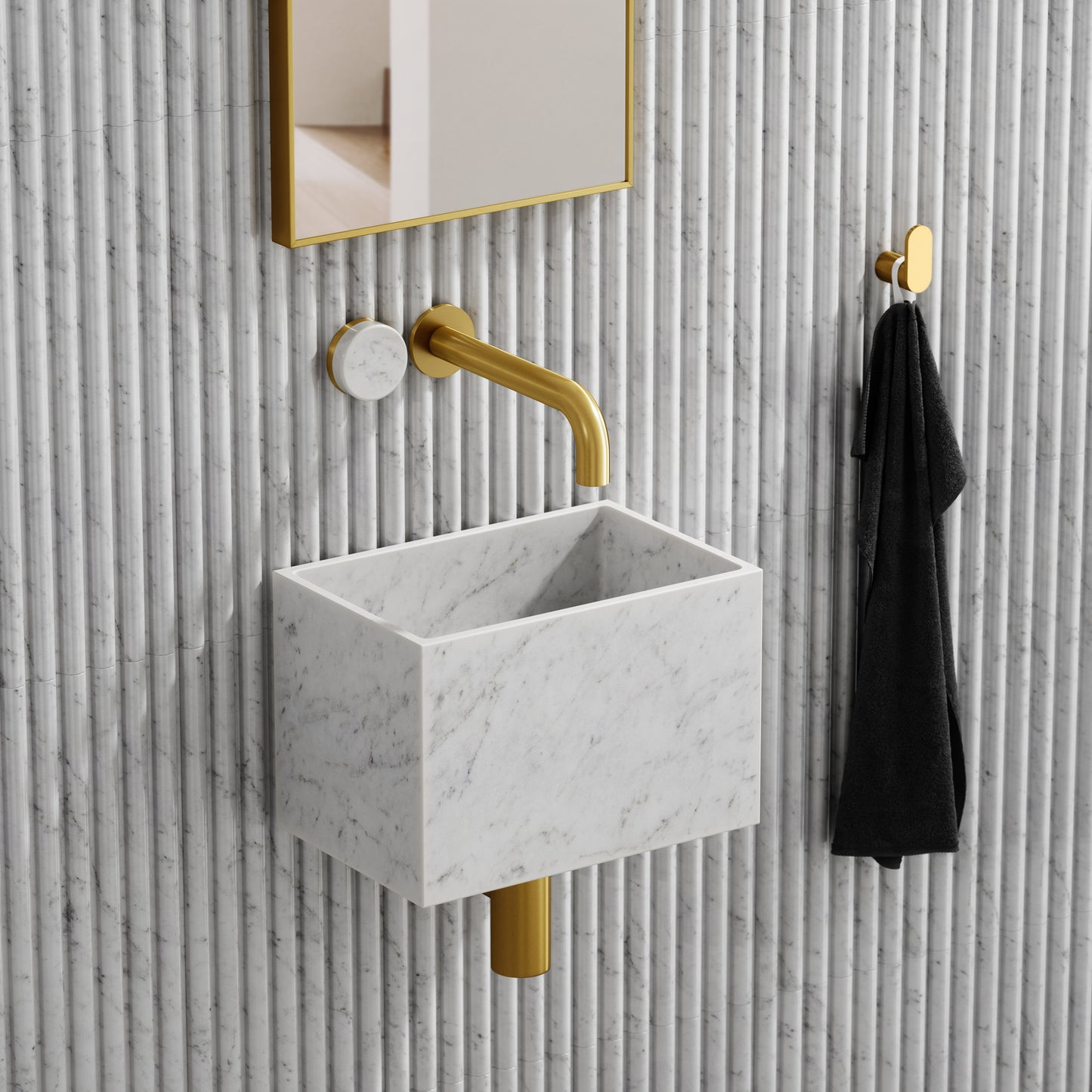 Porto Wall Mounted Basin Mixer Tap (Brushed Gold & Carrara Marble)