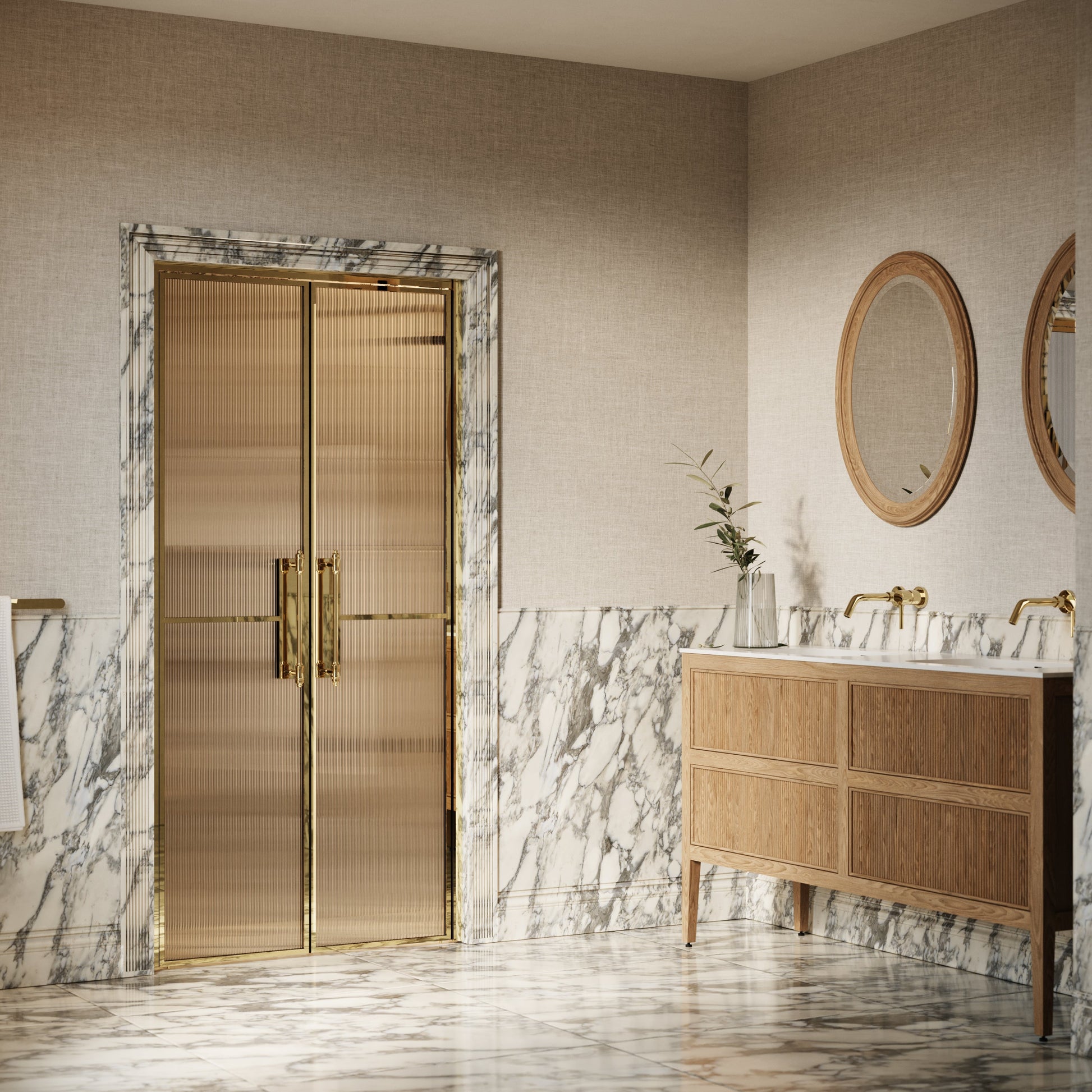 Scanalato Polished Brass Double Fluted Shower Door - All Sizes