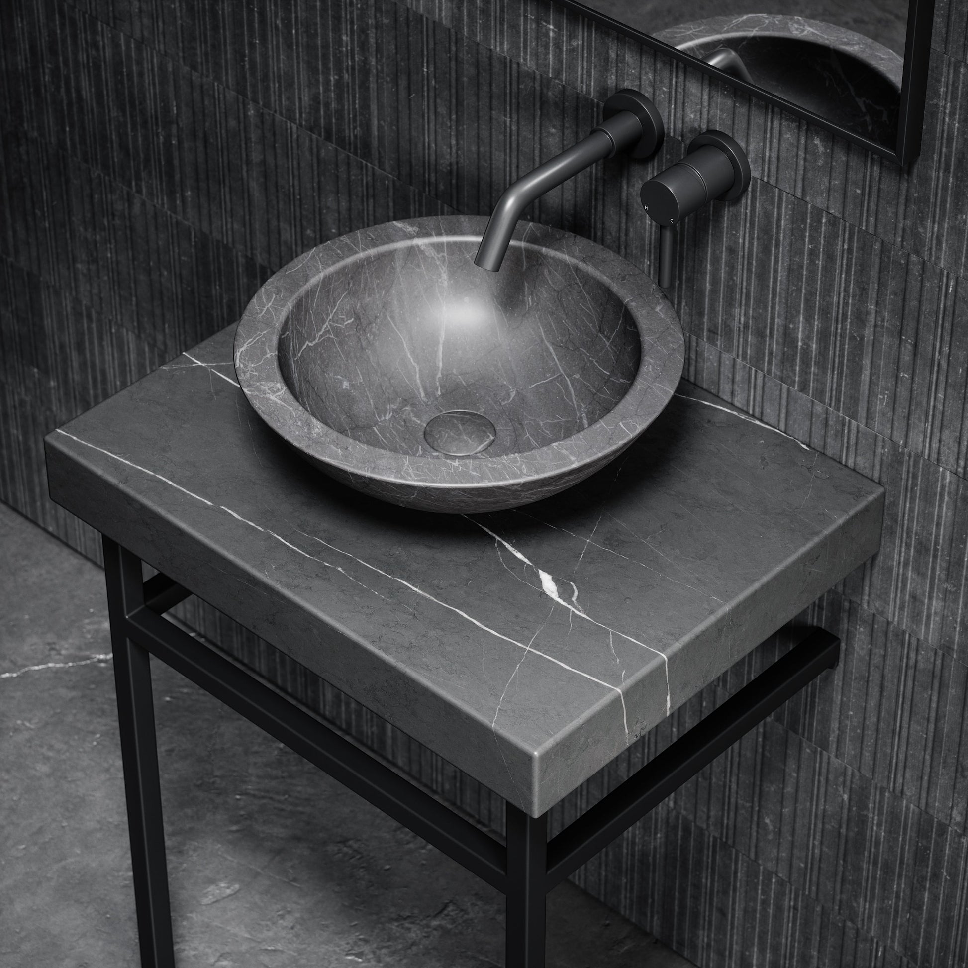Lomazzo Pietra Grey Marble Countertop Matte Black Vanity Unit 600mm