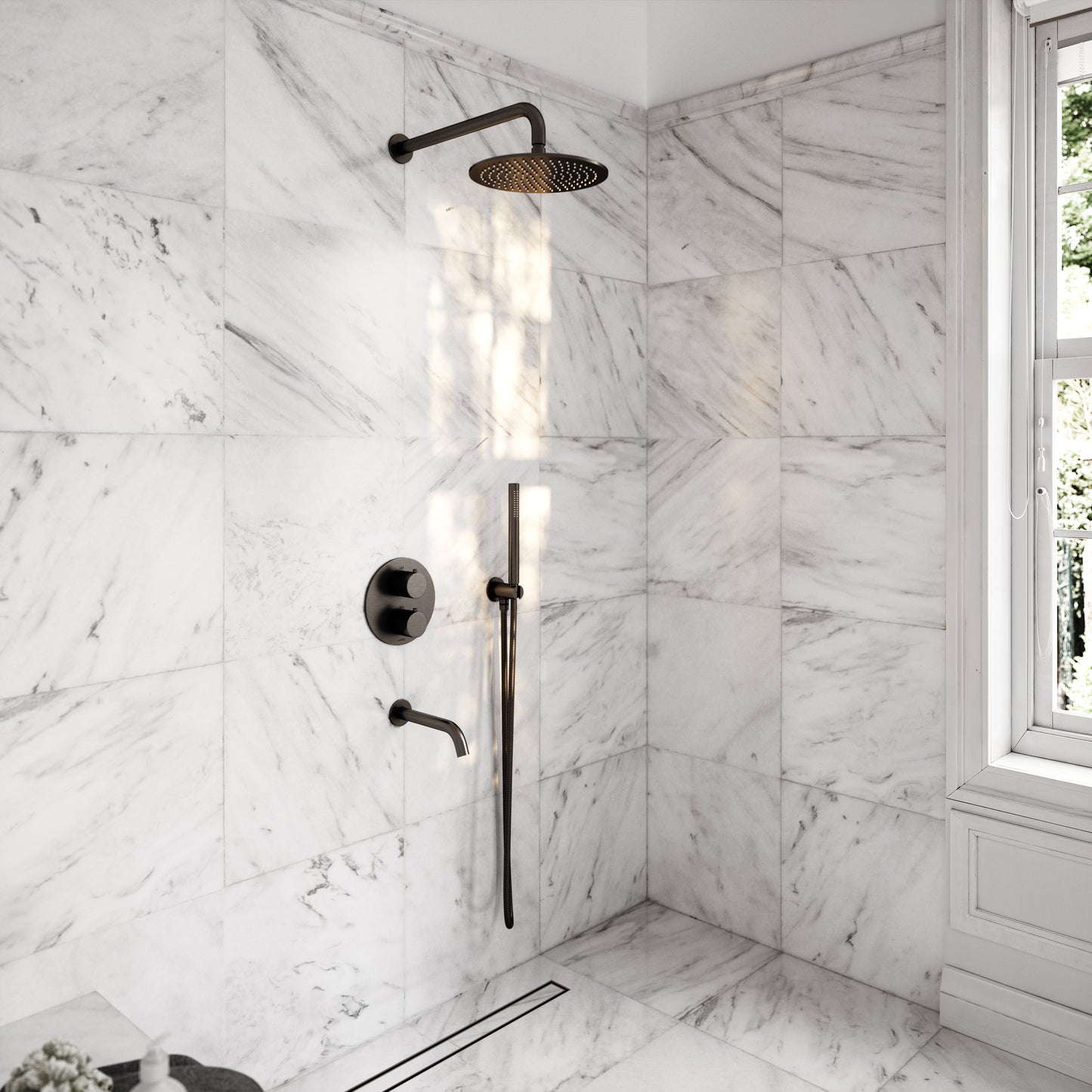 Luxe Deep Bronze 3 Way Thermostatic Shower with Handheld Shower & Bath Spout