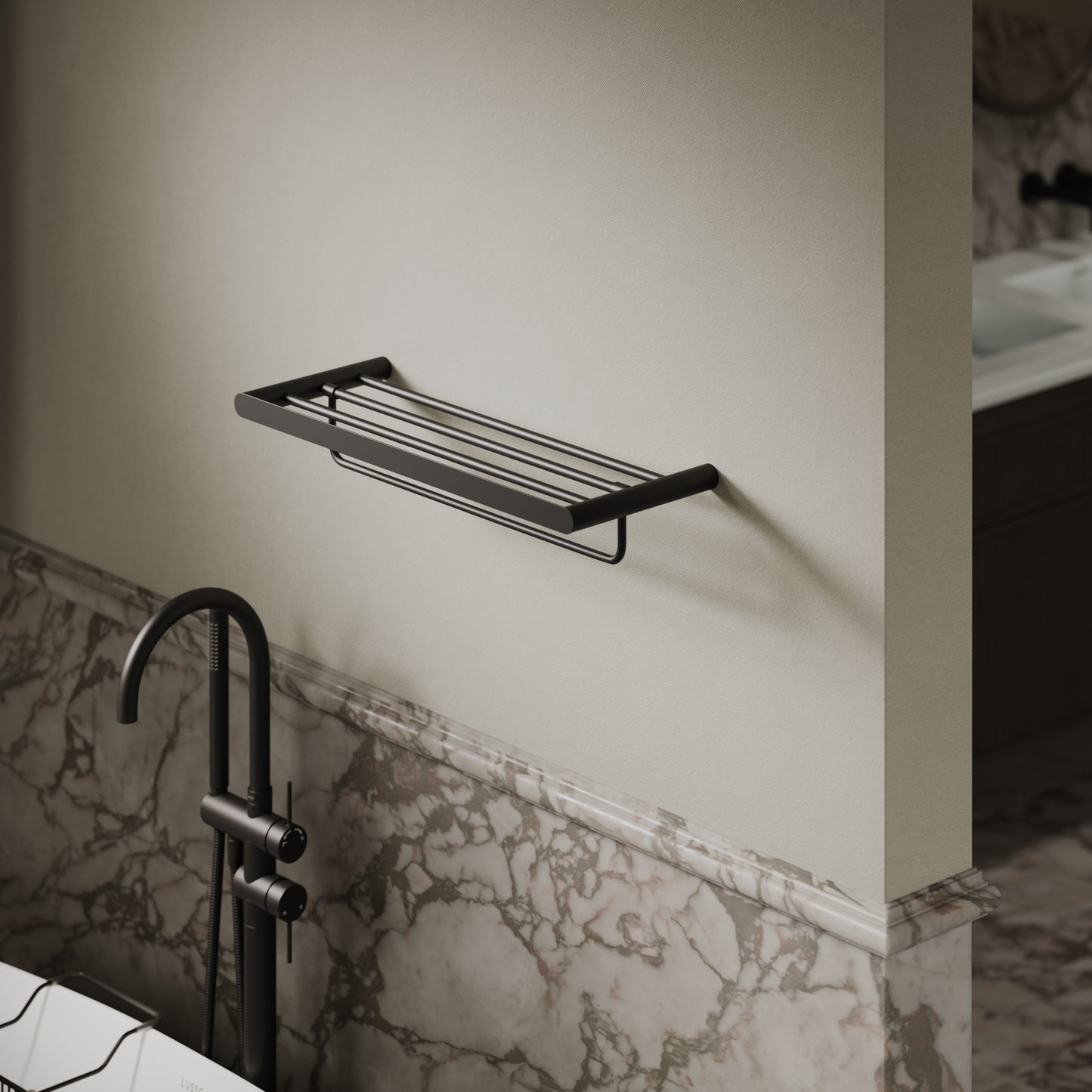Luxe Matte Black Towel Shelf With Rail 600mm