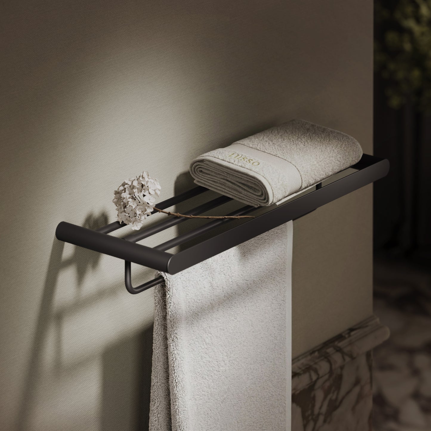 Luxe Matte Black Towel Shelf With Rail 600mm