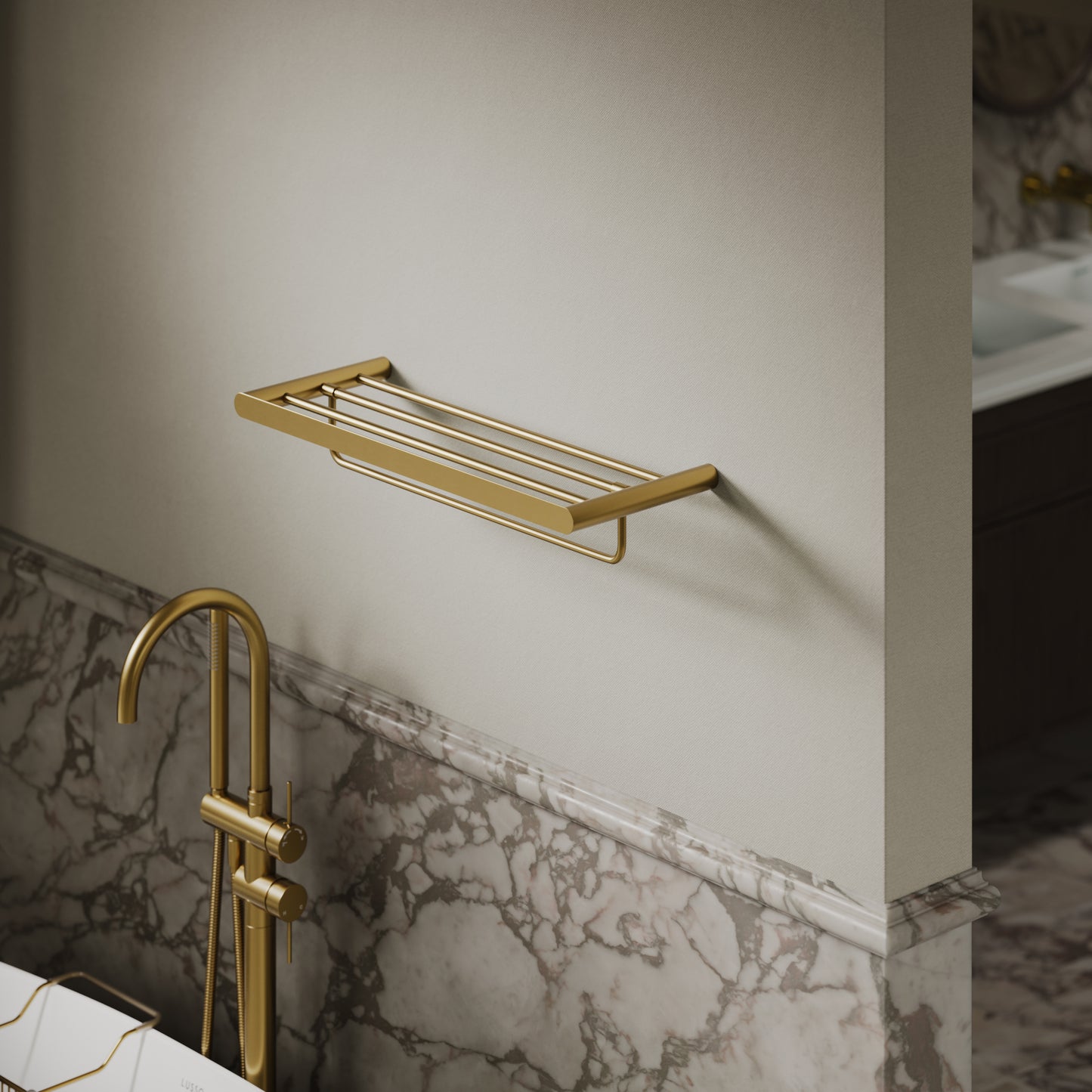 Luxe Brushed Gold Towel Shelf With Rail 600mm