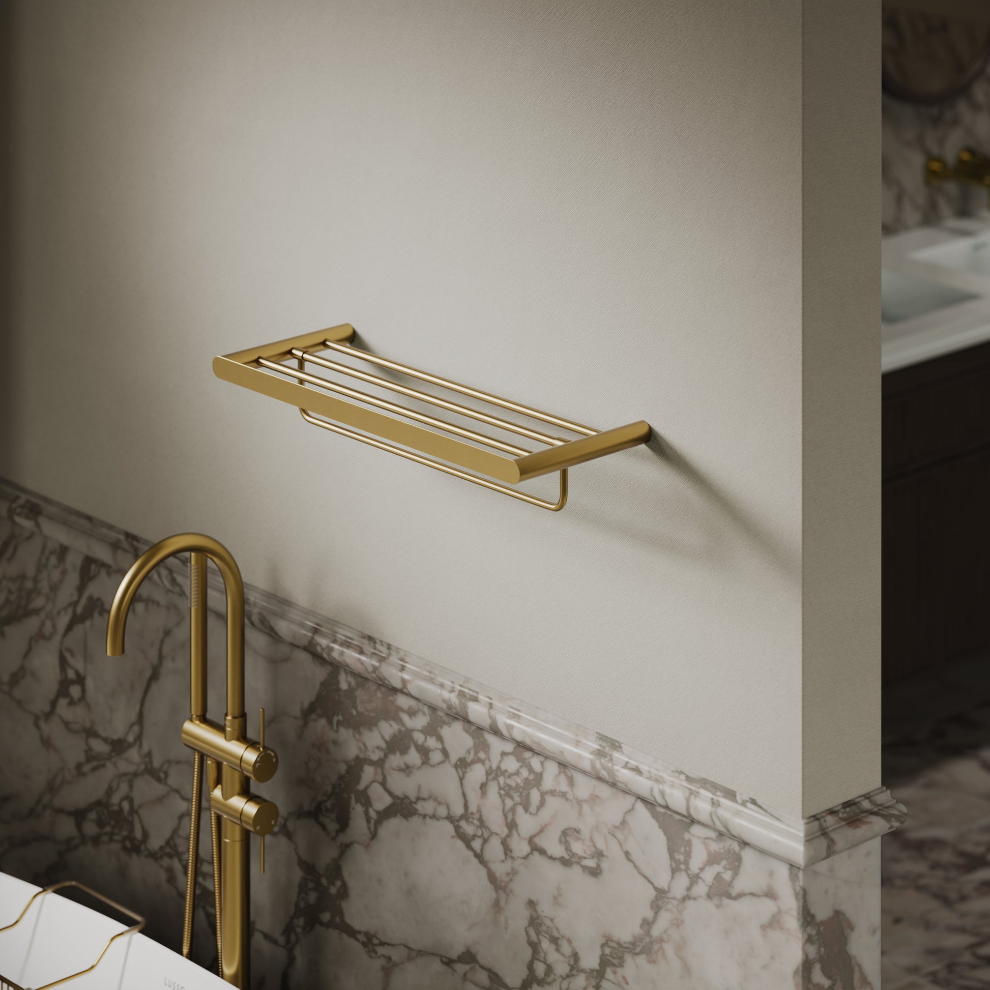 Luxe Brushed Gold Towel Shelf With Rail 600mm