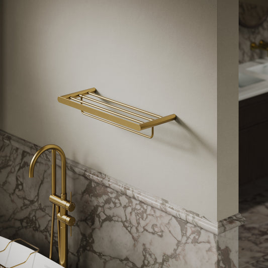 Luxe Brushed Gold Towel Shelf With Rail 600mm