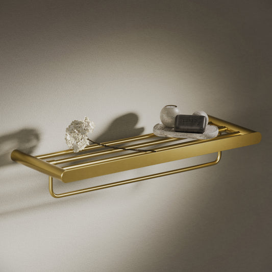 Luxe Brushed Gold Towel Shelf With Rail 600mm