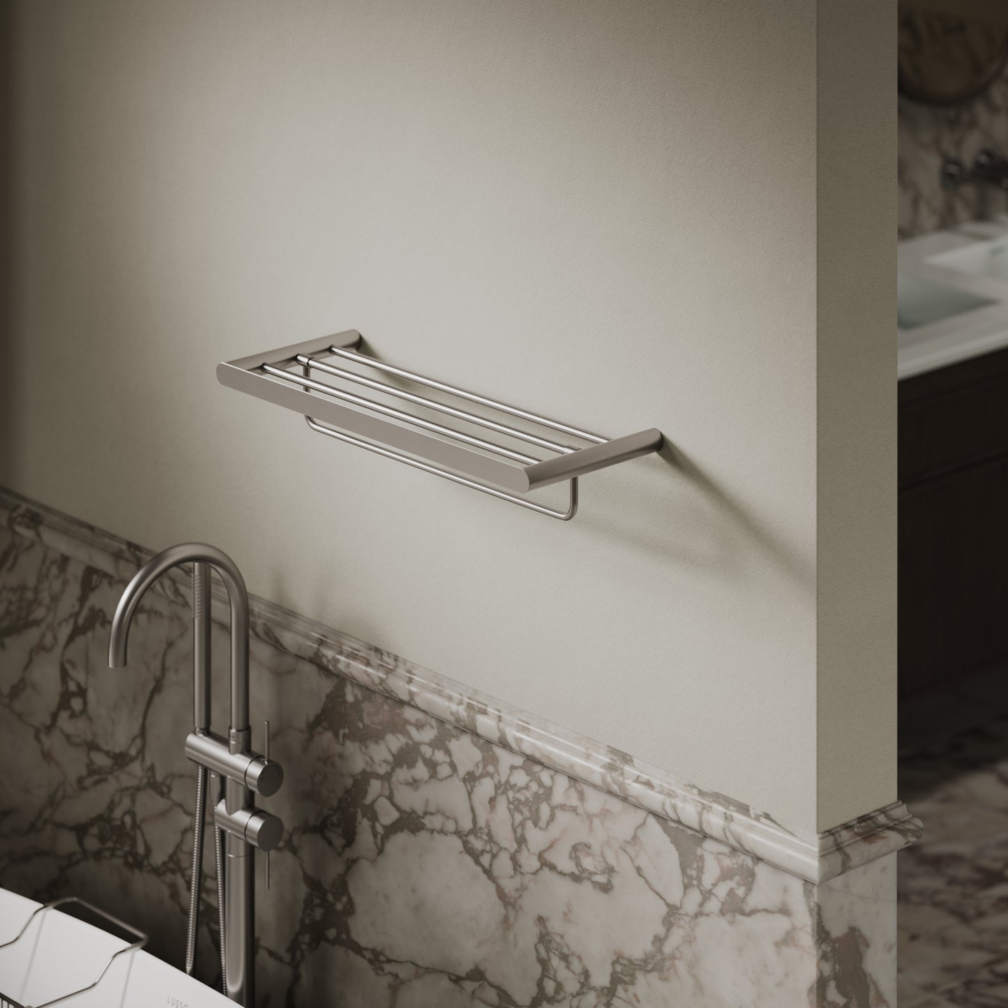 Luxe Brushed Stainless Towel Shelf With Rail 600mm