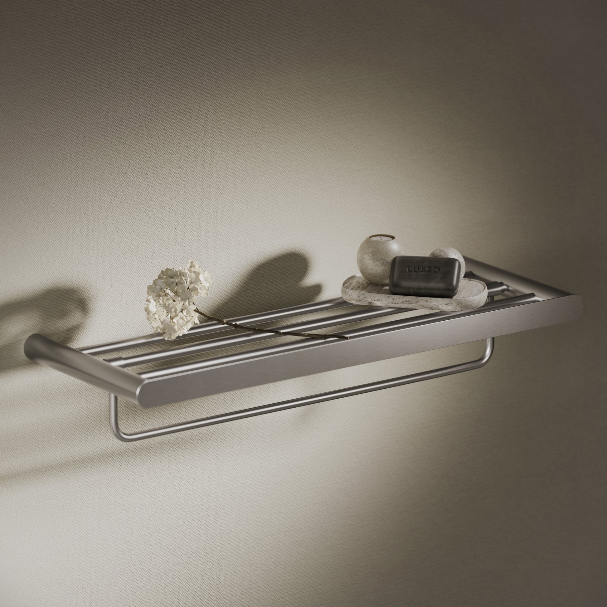 Luxe Brushed Stainless Towel Shelf With Rail 600mm