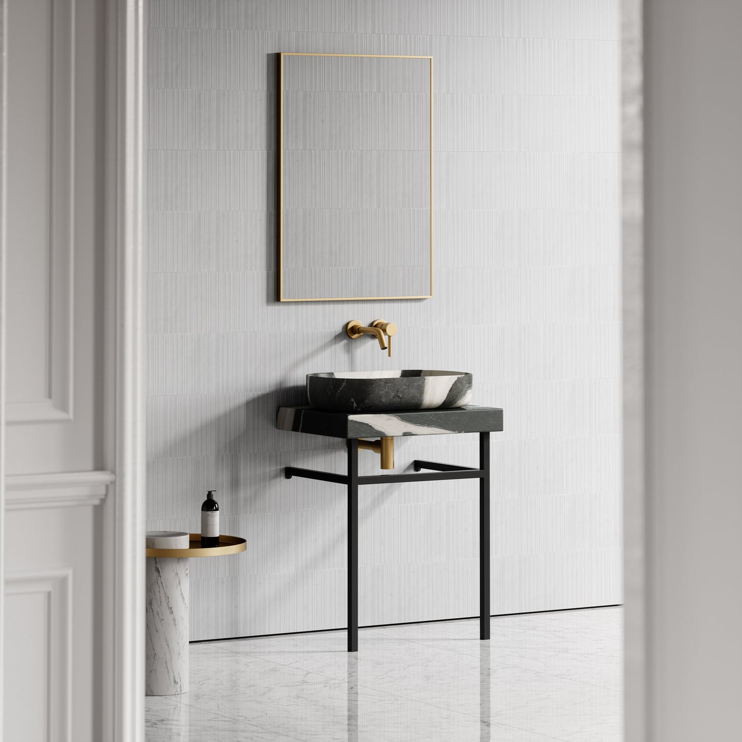 Lomazzo Panda Marble Countertop Matte Black Vanity Unit 600mm