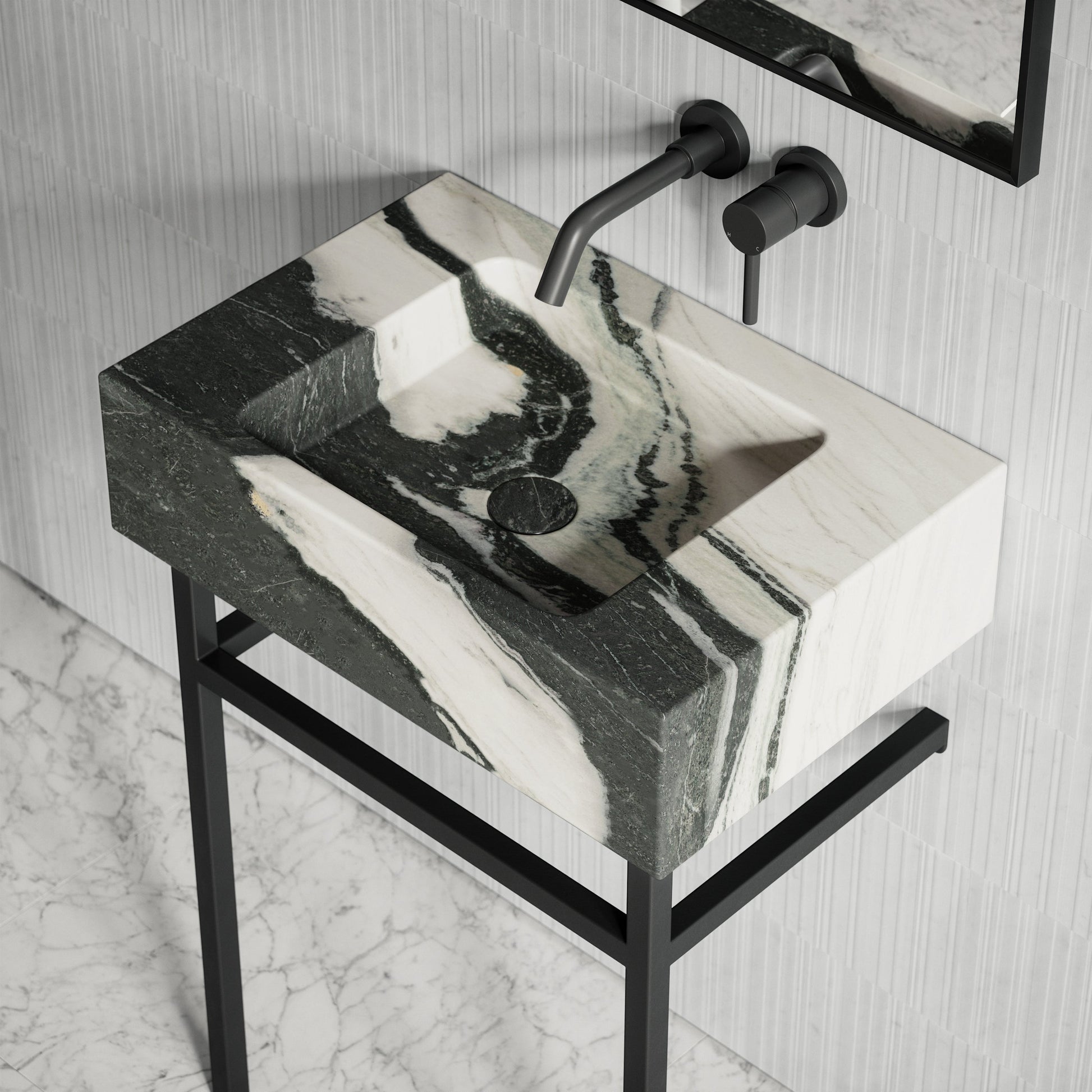 Vernante Panda Marble Matte Black Vanity Unit 600mm