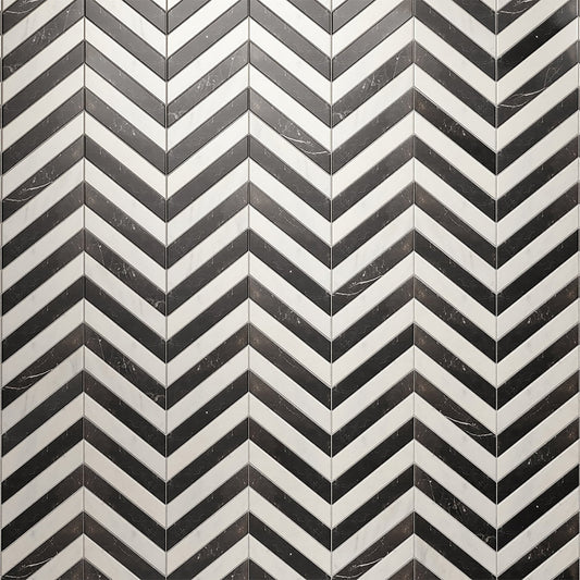 Palazzo Chevron Carrara & Nero Marquina Marble Mosaic Tile Sample