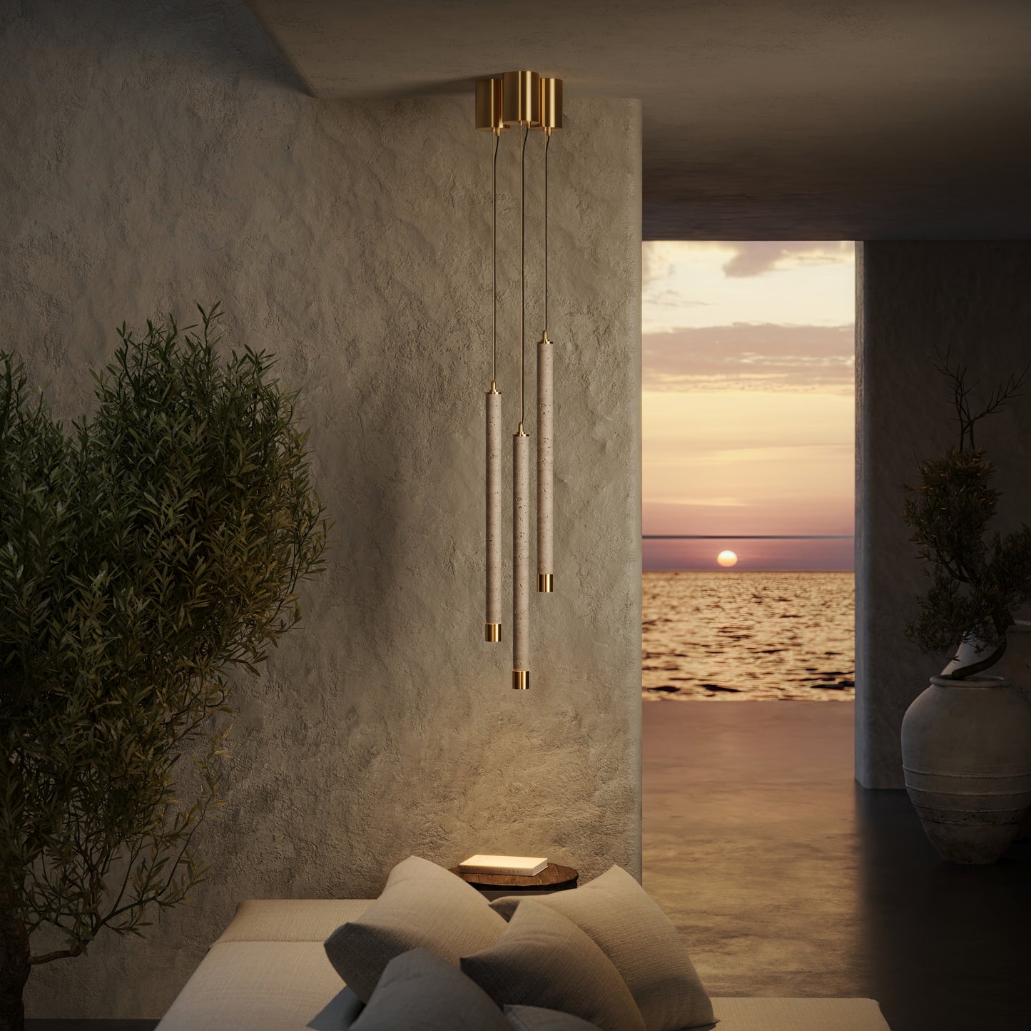 Perla Travertine & Brushed Gold Hanging Pendant Light 700mm