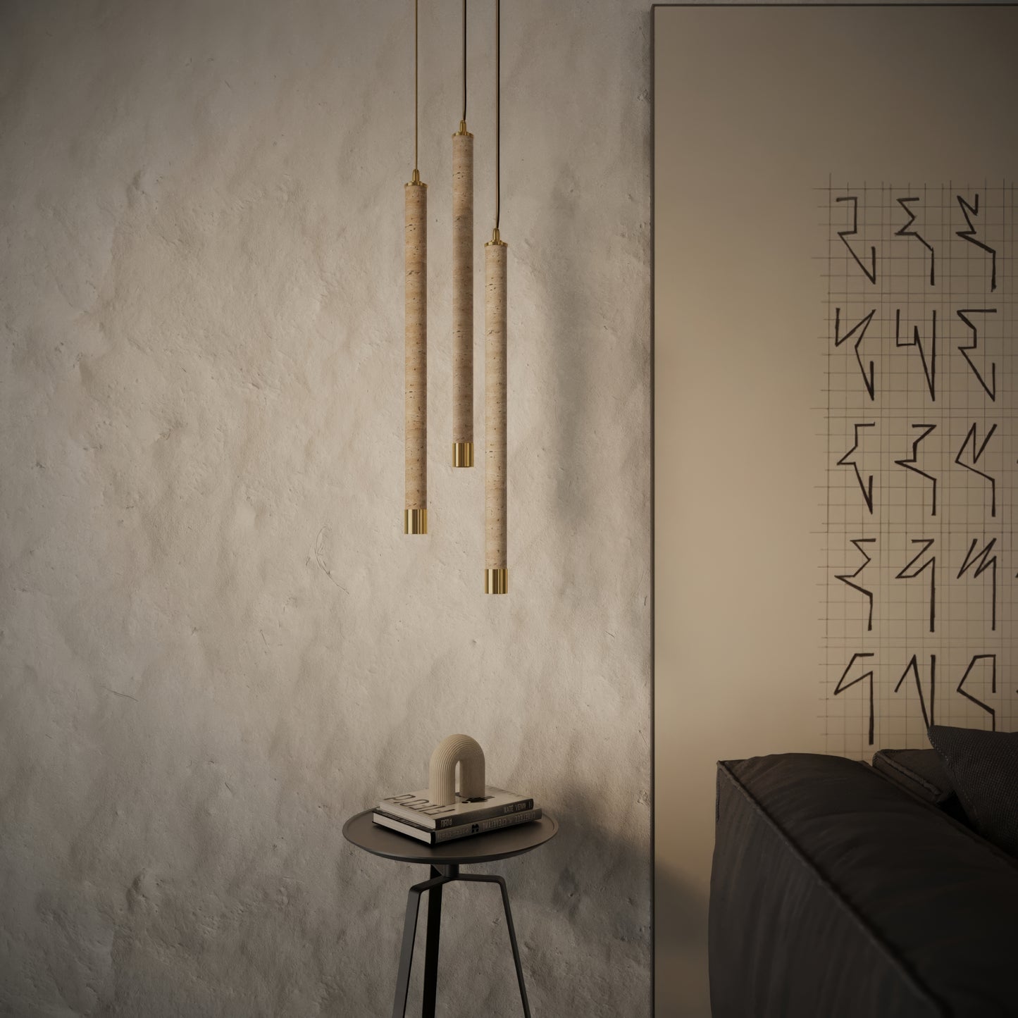 Perla Travertine & Brushed Gold Hanging Pendant Light 700mm