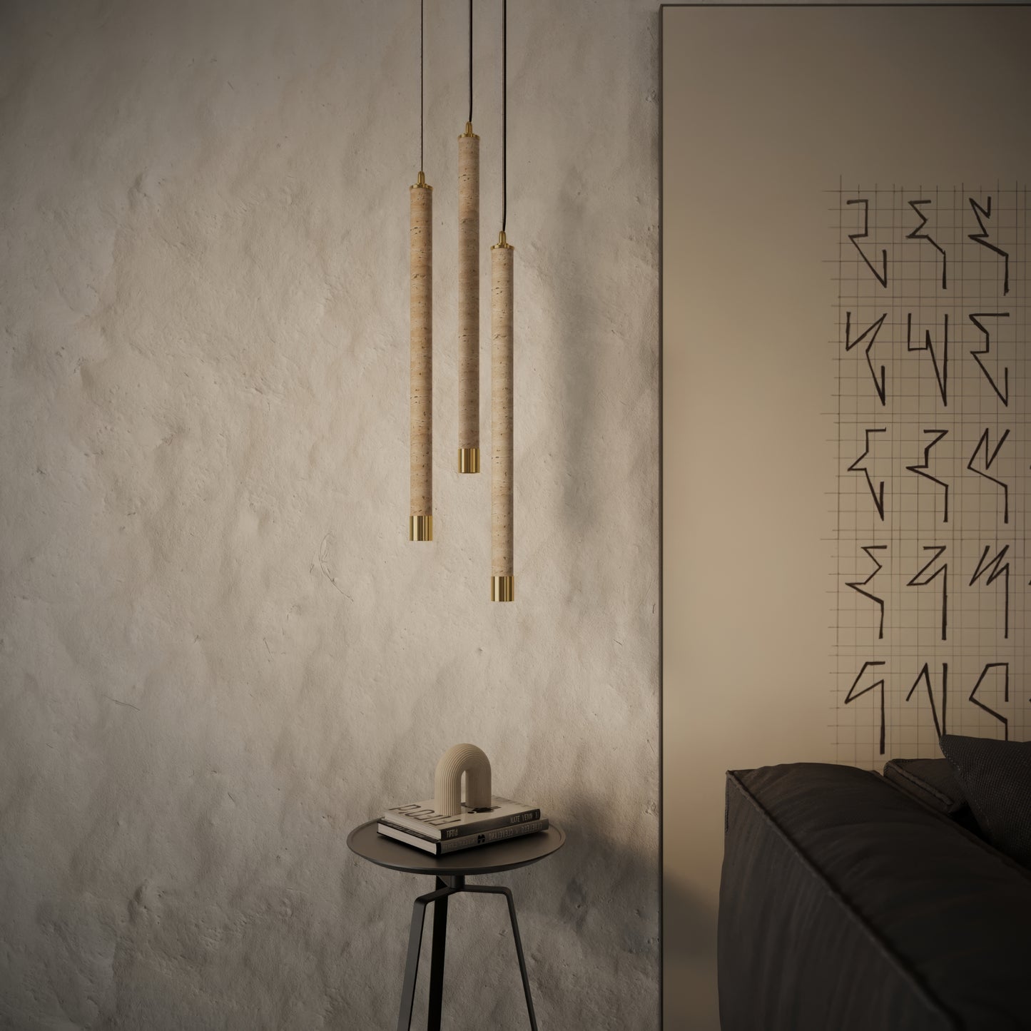 Perla Travertine & Brushed Gold IP65 Hanging Pendant Light 700mm