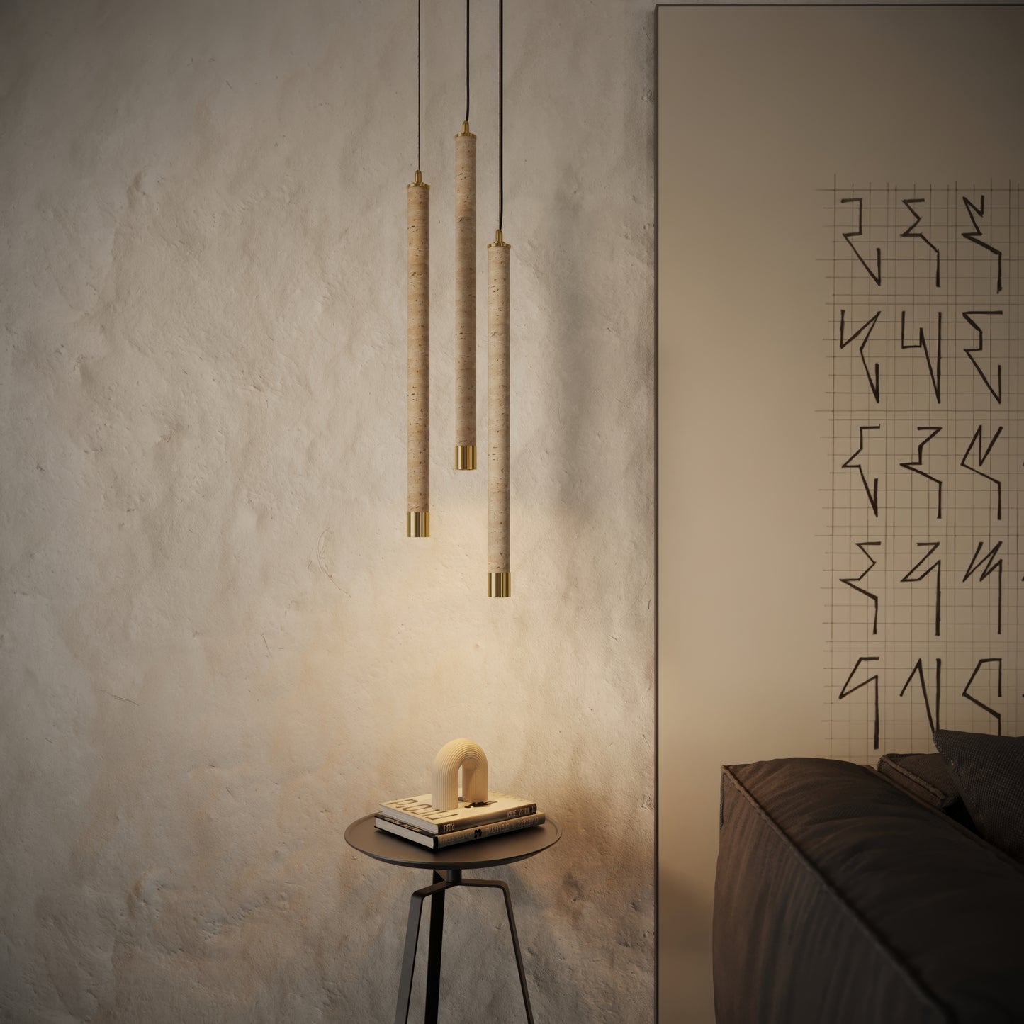 Perla Travertine & Brushed Gold IP65 Hanging Pendant Light 700mm