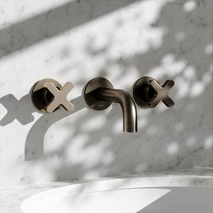 Regal Brushed Bronze Crosshead Wall Mounted Short Projection Basin Mixer Tap