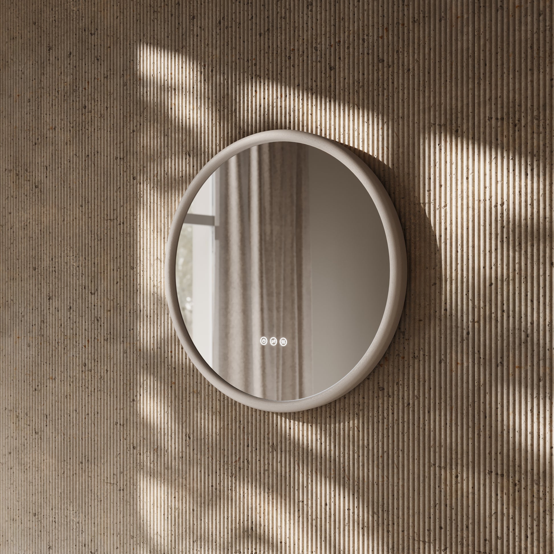 Cheval Velvet Beige Round Mirror with LED and Demister 600mm