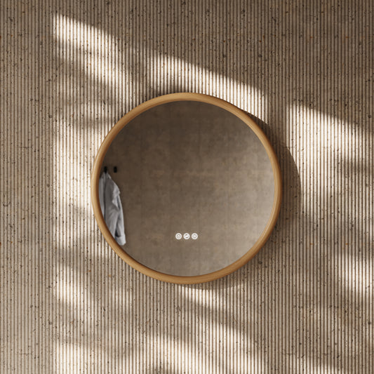 Cheval Natural Oak Round Mirror with LED and Demister 600mm