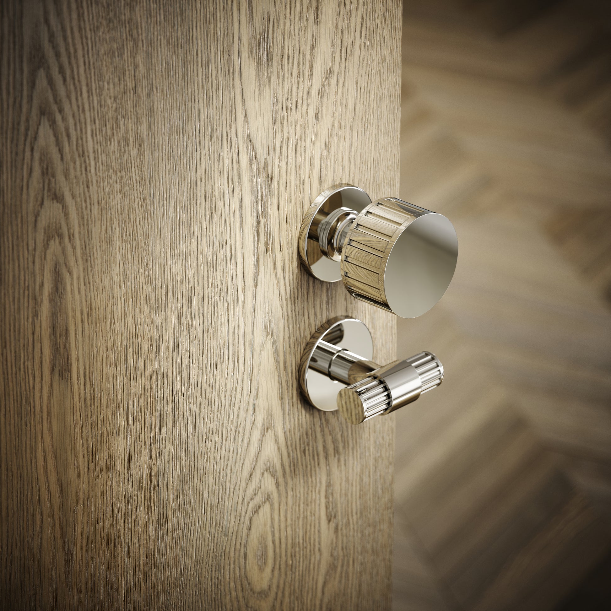 Royal Ascot Polished Nickel Deep Flute Bathroom WC Knob & Round Thumbturn Set