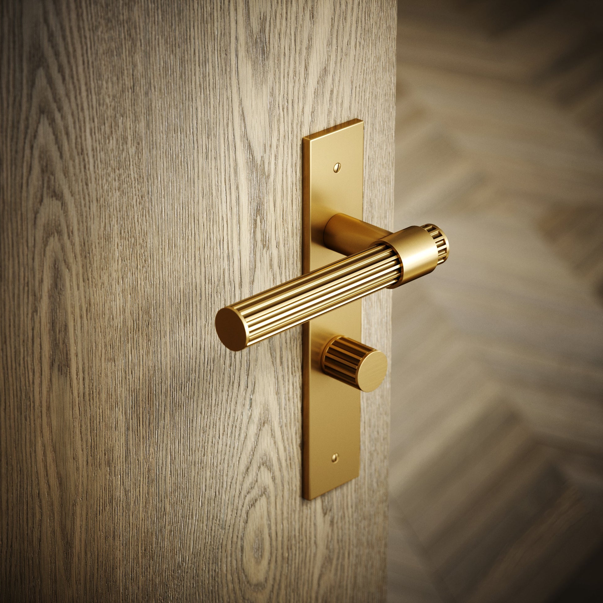 Royal Oak Brushed Gold Deep Flute Bathroom WC Handle & Plate Thumbturn Set