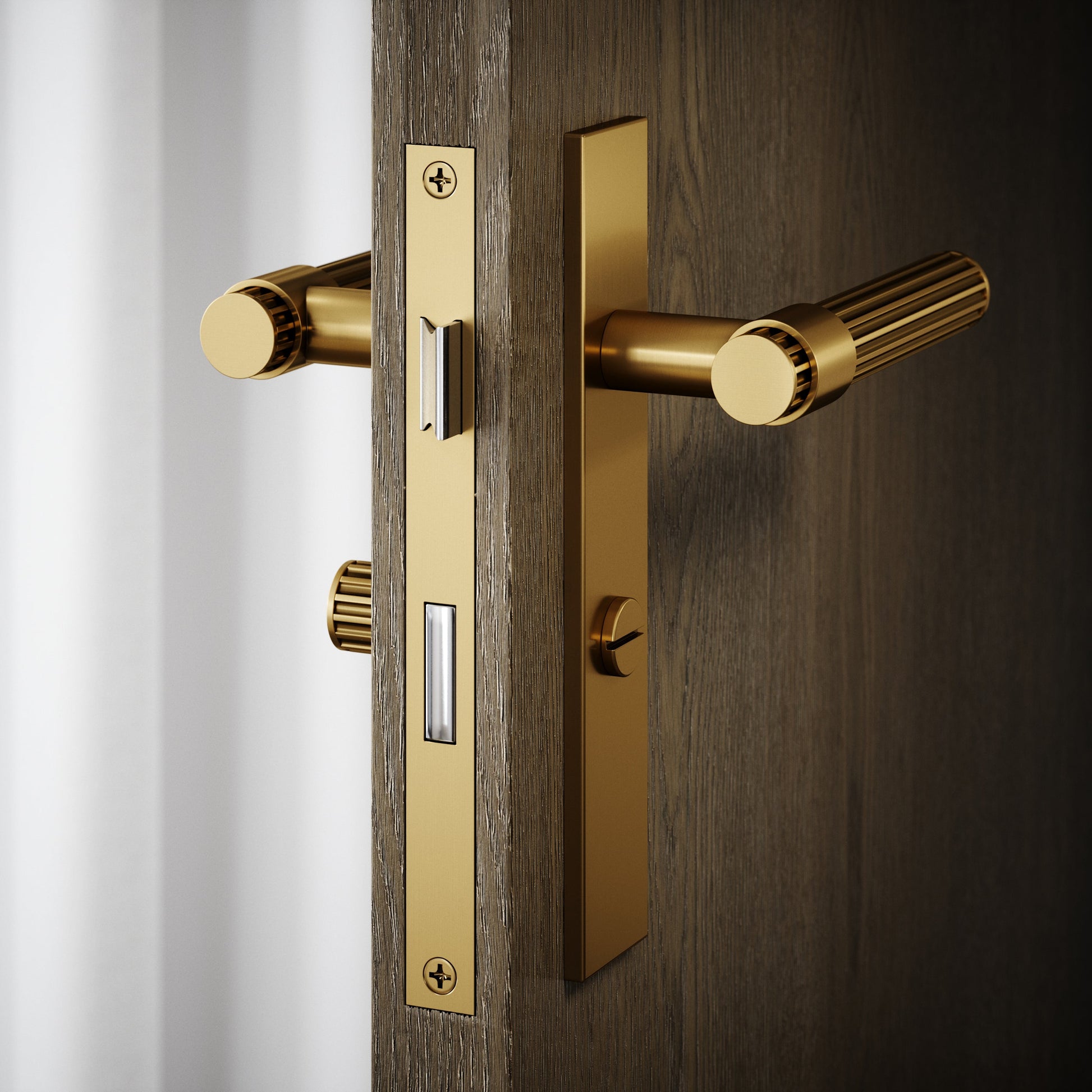 Royal Oak Brushed Gold Deep Flute Bathroom WC Handle & Plate Thumbturn Set