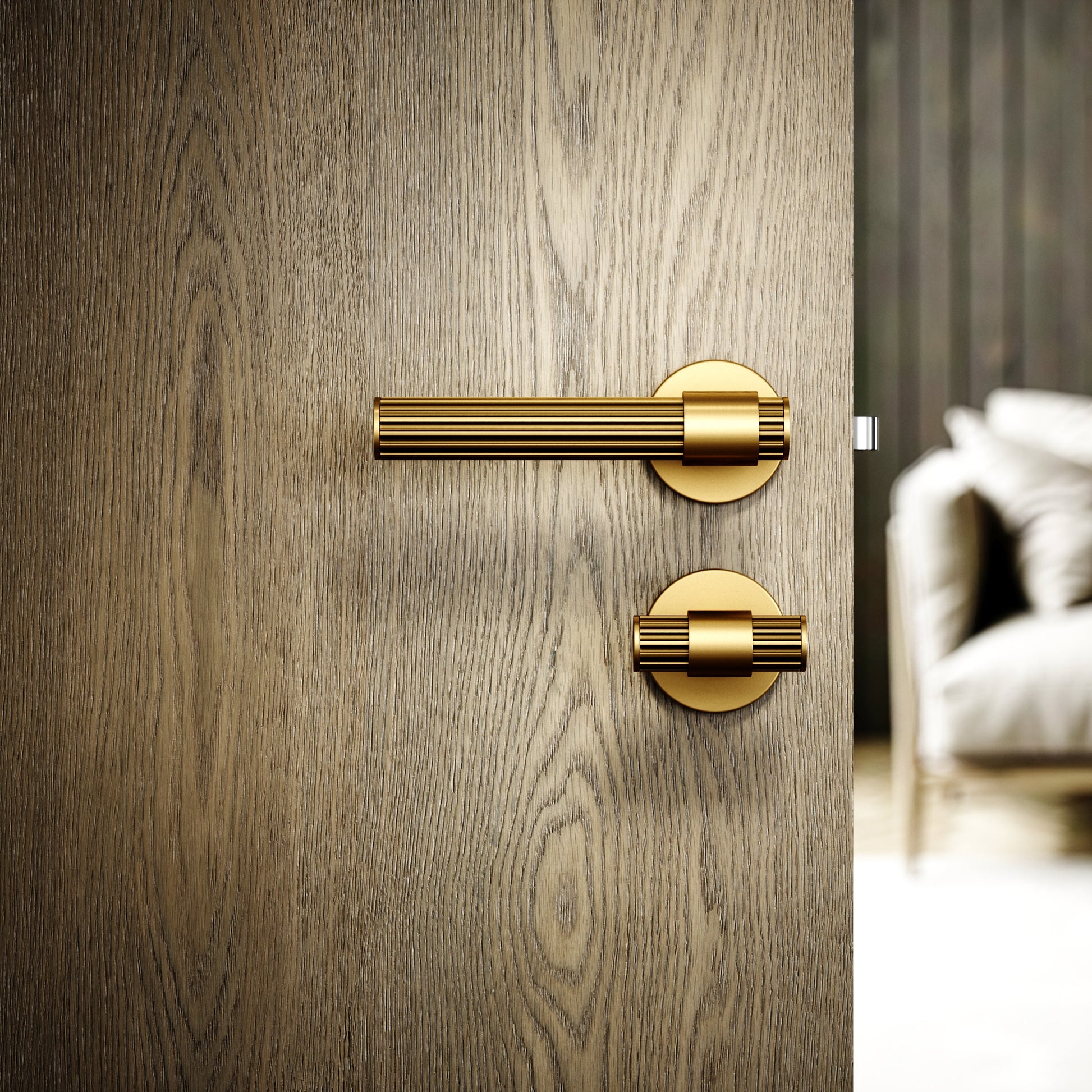 Royal Oak Brushed Gold Deep Flute Bathroom WC Handle & Round Thumbturn Set