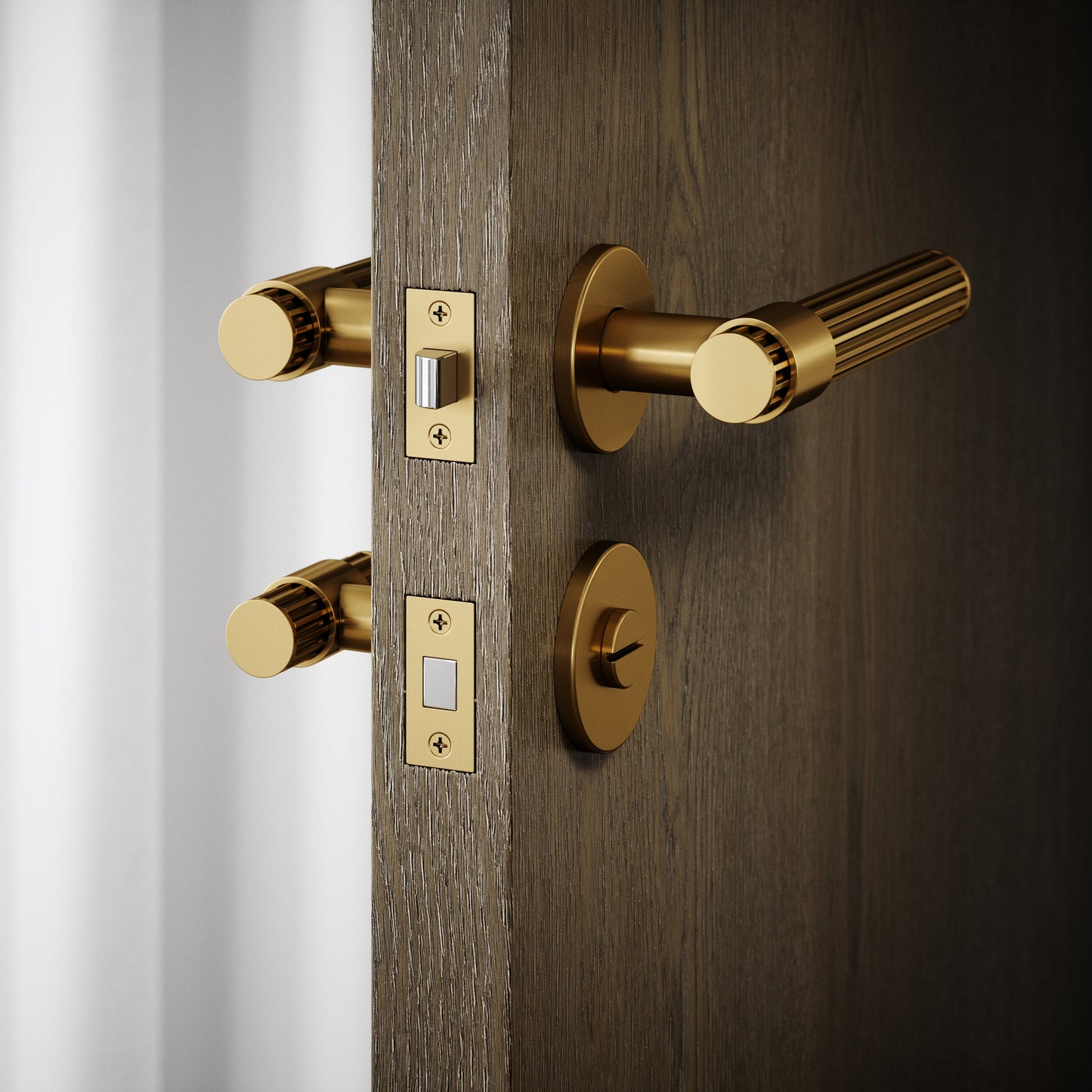 Royal Oak Brushed Gold Deep Flute Bathroom WC Handle & Round Thumbturn Set