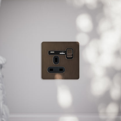 SlimTech Collection Brushed Bronze 1 Gang 13A USB & USB-C Socket