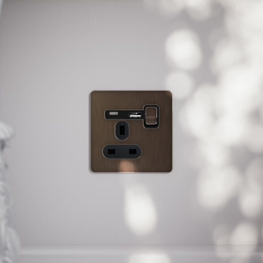 SlimTech Collection Brushed Bronze 1 Gang 13A USB & USB-C Socket