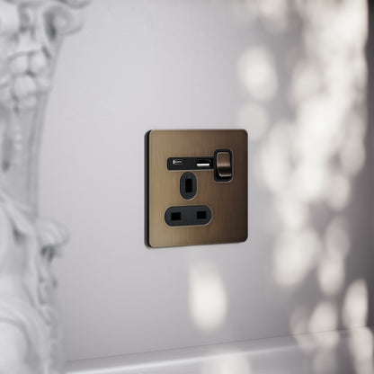 SlimTech Collection Brushed Bronze 1 Gang 13A USB & USB-C Socket