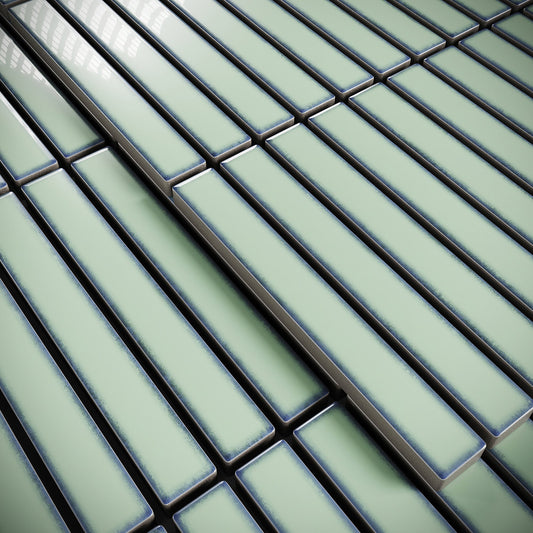 Stick Mosaic Olive Grove Green Glazed Porcelain Tile Sample