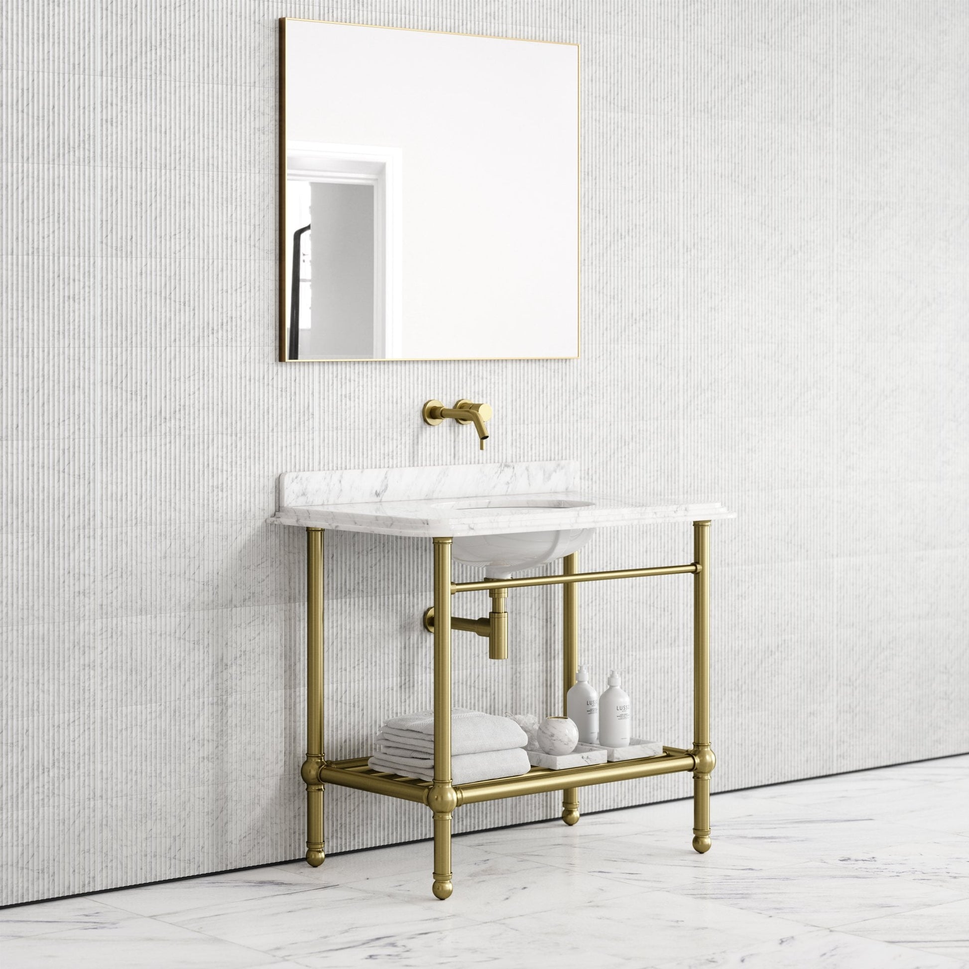 Belmont Traditional Brushed Gold Vanity Unit with Carrara Marble Countertop 1000mm