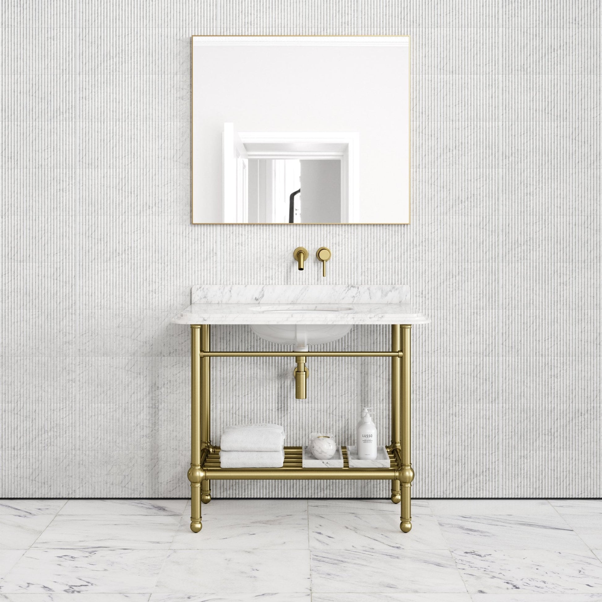 Belmont Traditional Brushed Gold Vanity Unit with Carrara Marble Countertop 1000mm