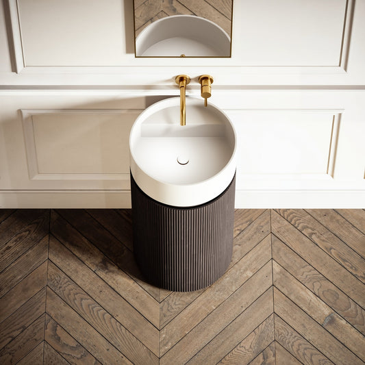 Chic Grey Oak Wood Grain Cylinder Vanity Unit with Stone Basin 450mm
