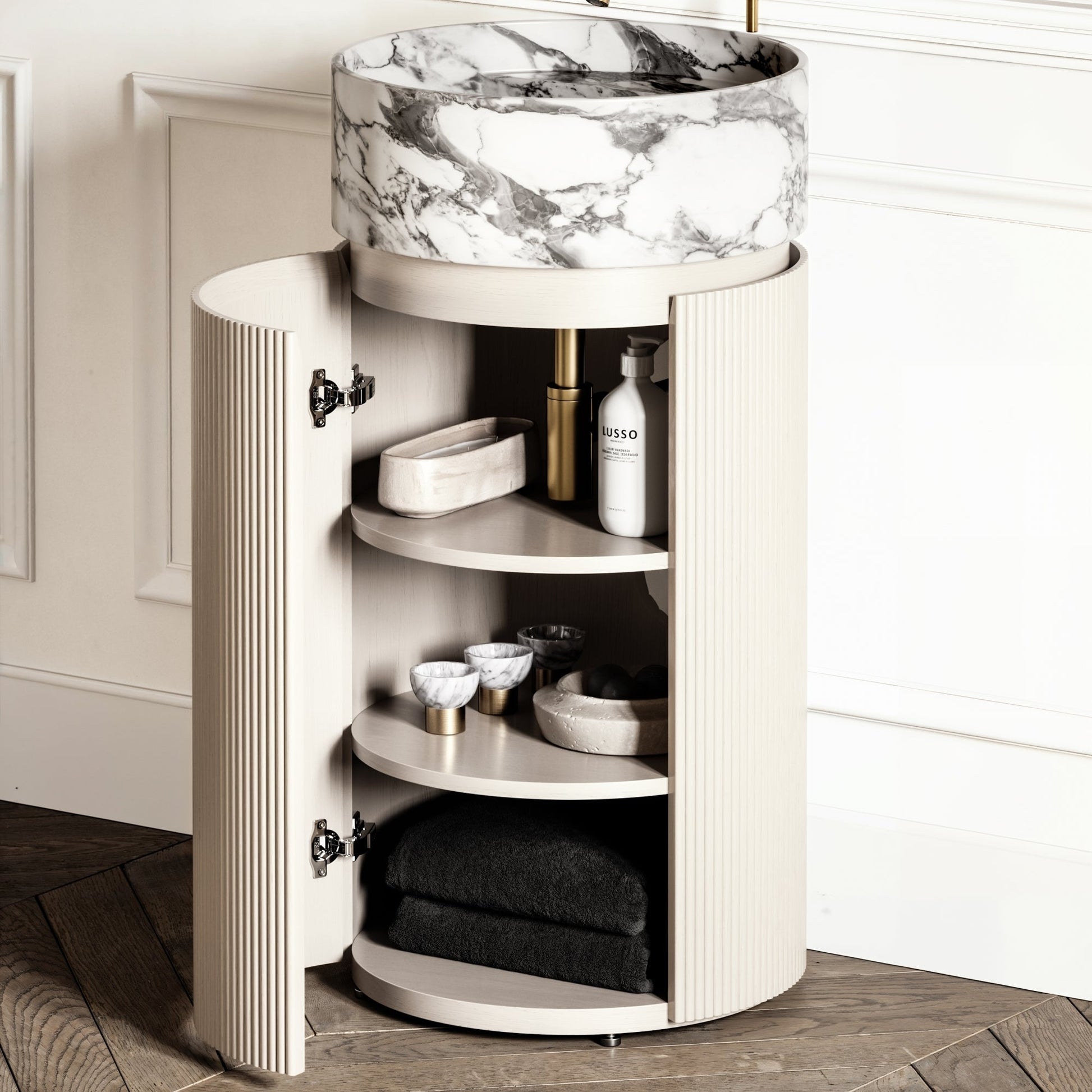Chic Velvet Beige Wood Grain Cylinder Vanity Unit 450mm