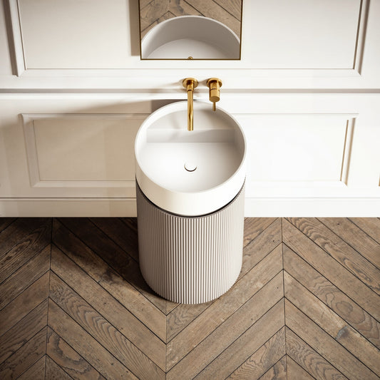 Chic Velvet Beige Wood Grain Cylinder Vanity Unit with Stone Basin 450mm