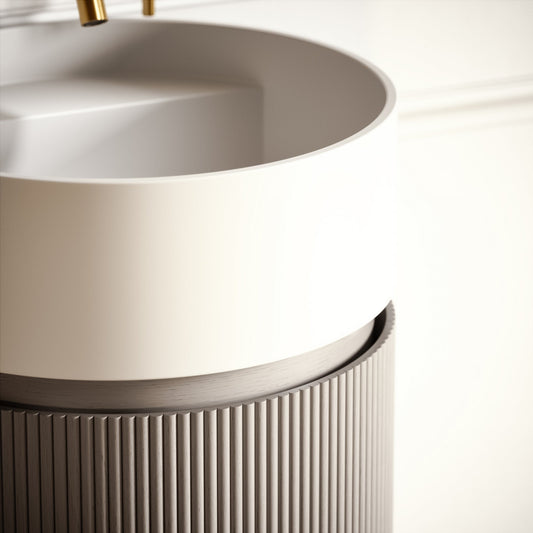 Chic Velvet Beige Wood Grain Cylinder Vanity Unit with Stone Basin 450mm