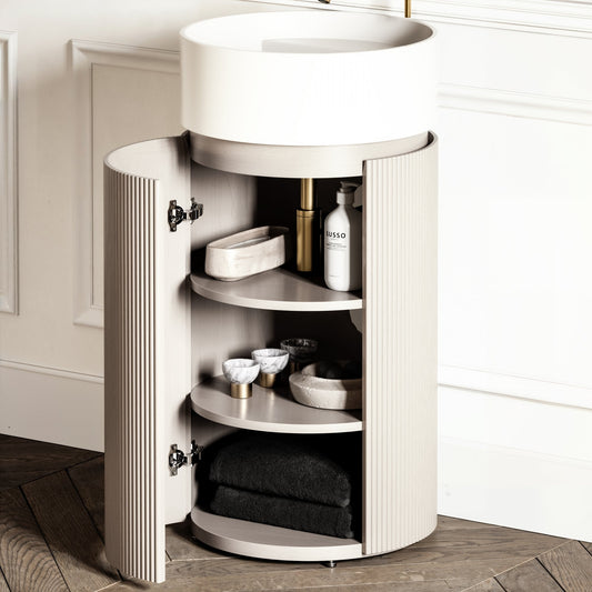 Chic Velvet Beige Wood Grain Cylinder Vanity Unit with Stone Basin 450mm
