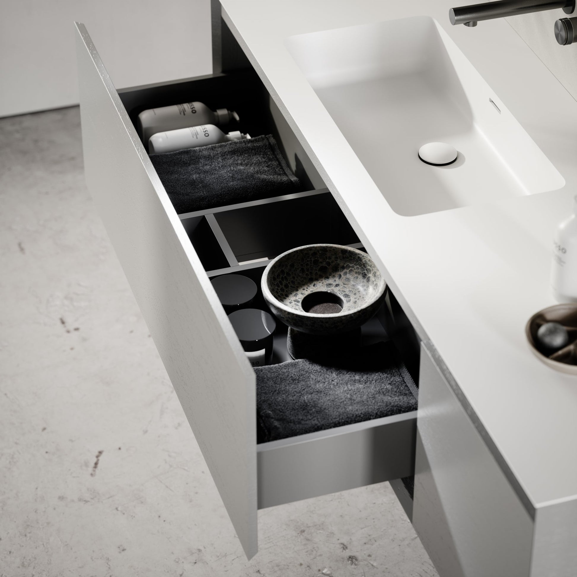 Cubik Pale Grey Wood Grain Vanity Unit 1500mm