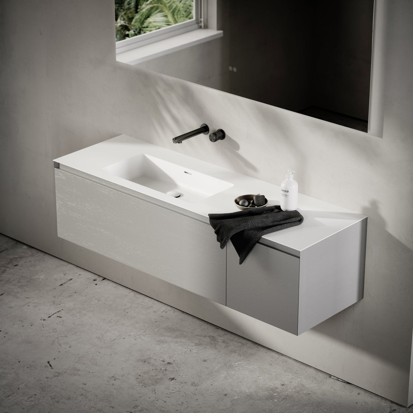 Cubik Pale Grey Wood Grain Vanity Unit 1500mm