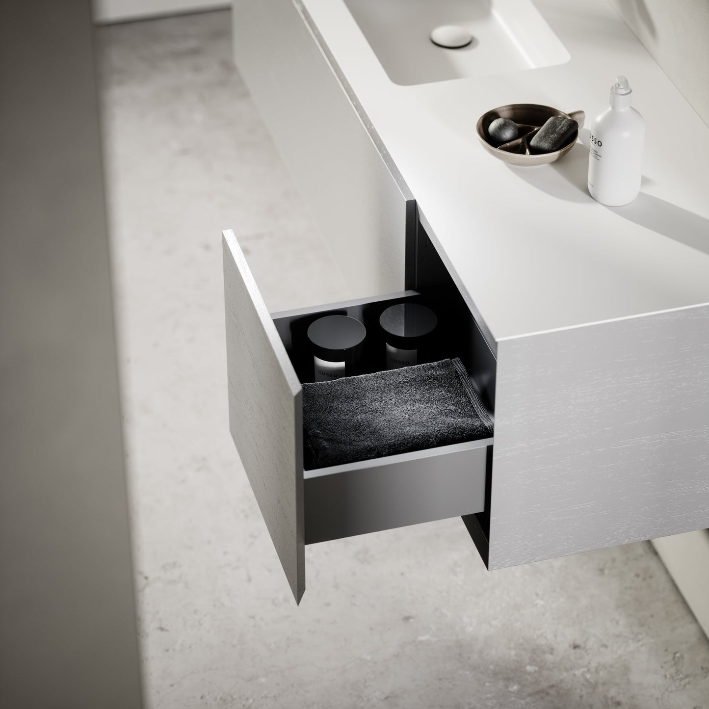 Cubik Pale Grey Wood Grain Vanity Unit 1500mm