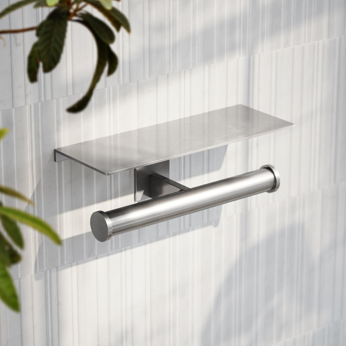 Deka Brushed Stainless Double Toilet Roll Holder with Shelf